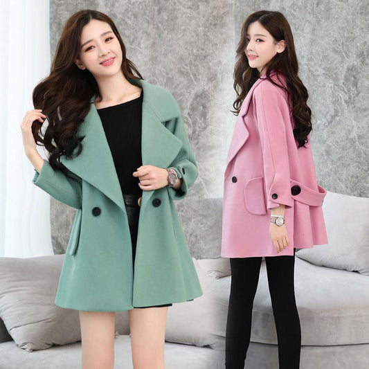 Woolen Solid Color Coat Women's Mid-length Korean Style Spring, Autumn and Winter Plus Velvet Small Short Woolen Coat