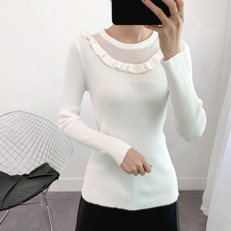 Sweater Women's Ruffled Collar Pullover Knitwear Korean Style Slim Solid Color Top Trendy Sweater Autumn and Winter Lady Style