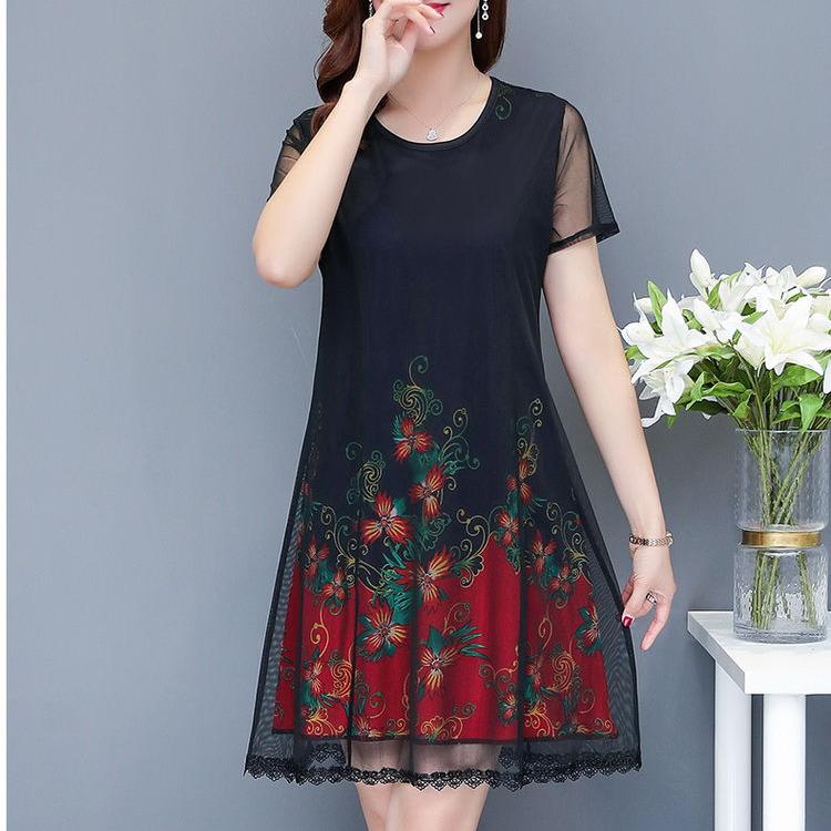 XL-XXXXXL Mid-length Plus Size Printed Over-the-knee Dress Round Thin Chiffon Neck Short Sleeve Mom A-line Skirt