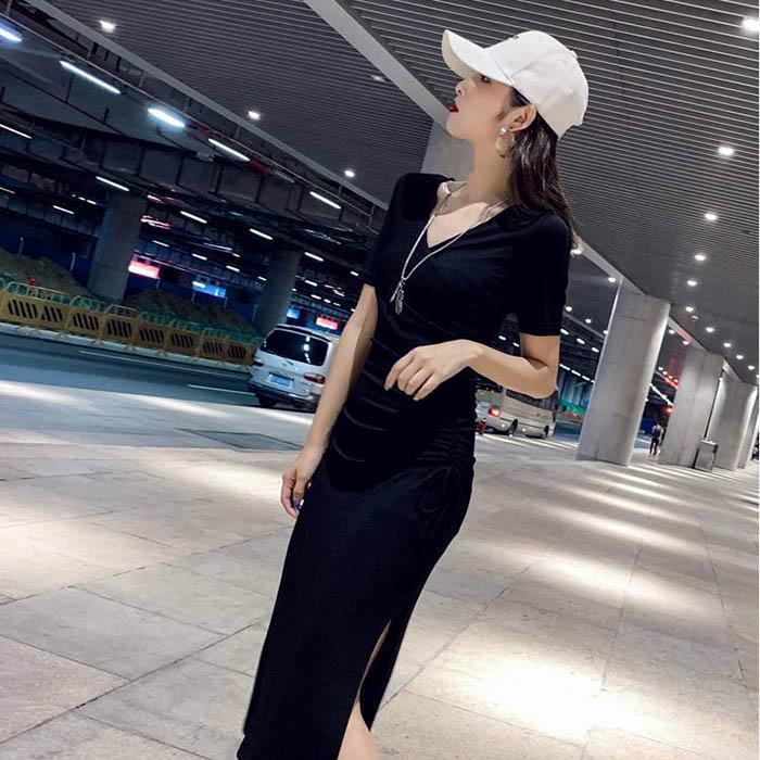 Pofulove S-XL Women Short-sleeved Split Drawstring A-line Dress Sexy Long Knit V-neck T-shirt Dress