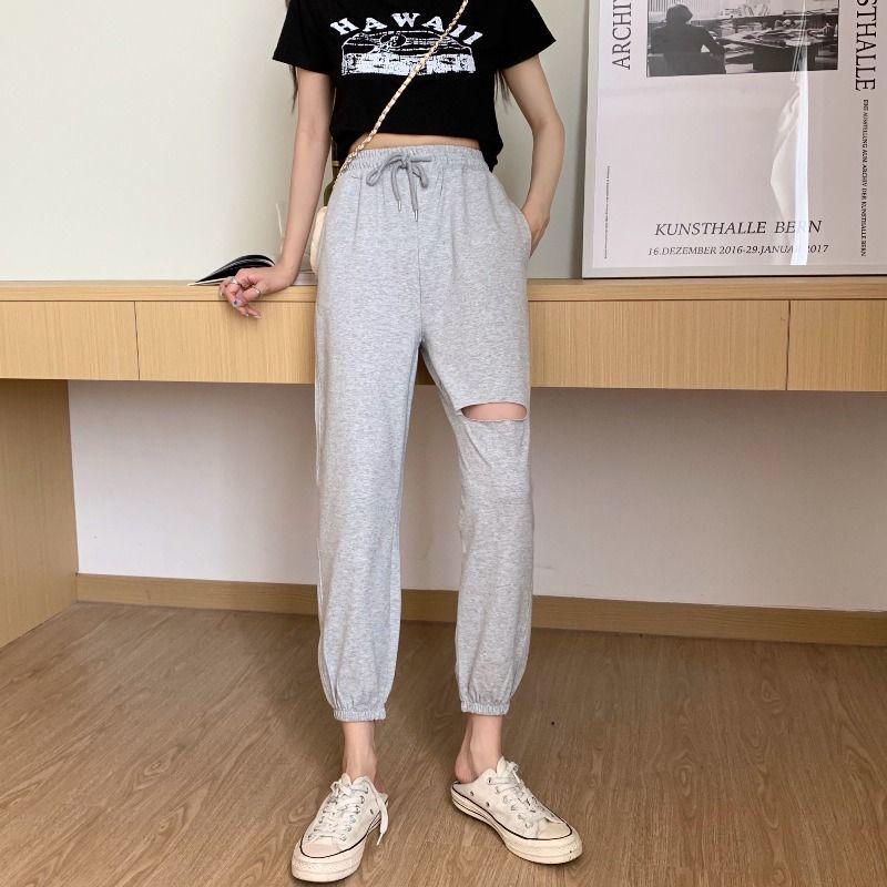 Nine-point Harem Pants Female Summer Thin Section Small Eight-point Pants Loose and Thin Radish Pants Ripped Casual Sports Pants