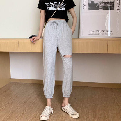 Nine-point Harem Pants Female Summer Thin Section Small Eight-point Pants Loose and Thin Radish Pants Ripped Casual Sports Pants