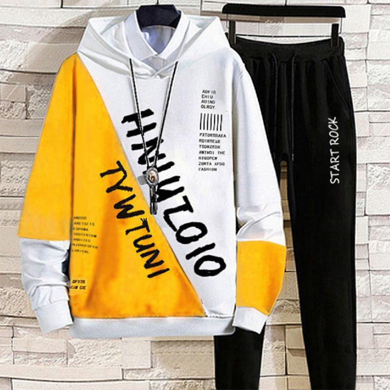 Spring and Autumn Men's Sports and Leisure Suits Teen Trend Loose Printed Letters Hooded Tops and Trousers Set