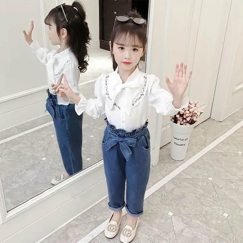 Girls' Spring and Autumn Suits Korean Version Cute and Sweet Style Suits Bow Tie Decoration Long-sleeved Shirts and Jeans Two-piece Suits