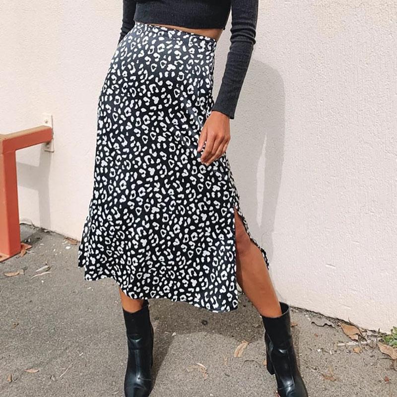 Women's Spring Summer Leopard Print Chiffon Print Split Skirt European and American Style Zipper High Waist Long Skirts Large Size Loose Thin Skirt