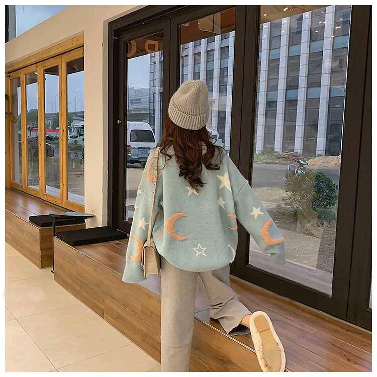 Stars and Moon Sweater Women Winter Loose Round Neck Long Sleeved Pullover Knitted Sweater