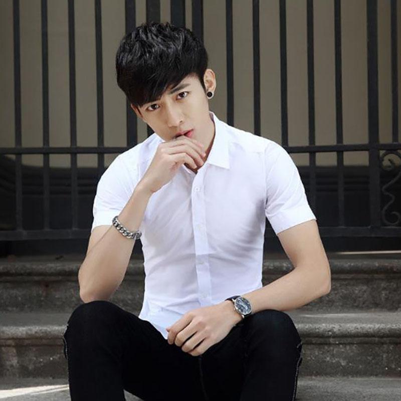 Men Business Shirts Casual Tees Summer Short Sleeves T-shirt Stretch Cardigan Button Down Undies Male Clothing Solid Color Top