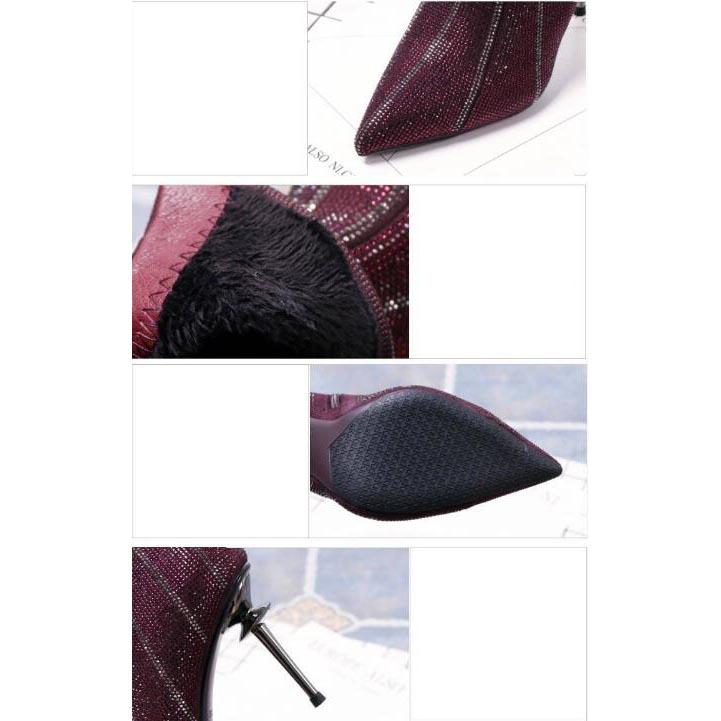 Booties Female Pointed Bare Boots Rhinestone Color Matching High Heel Martin Boots Banquet Shoes