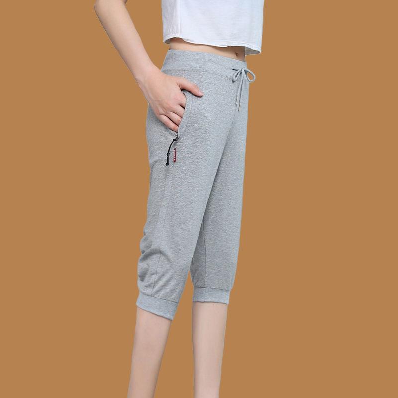 Lightweight Cotton Sports Cropped Trousers with Zipper Pockets Female Student Harem Pants Summer Loose and Thin Pants