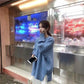 Pofulove Solid Color Pile Neck Sweater sleeve pullover jacket tide milk blue sweater forest