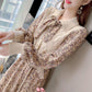 Autumn and Winter Floral Corduroy Dress Stitching Fake Two-piece Woven Waist Tie Bow Coat Sweater Dress