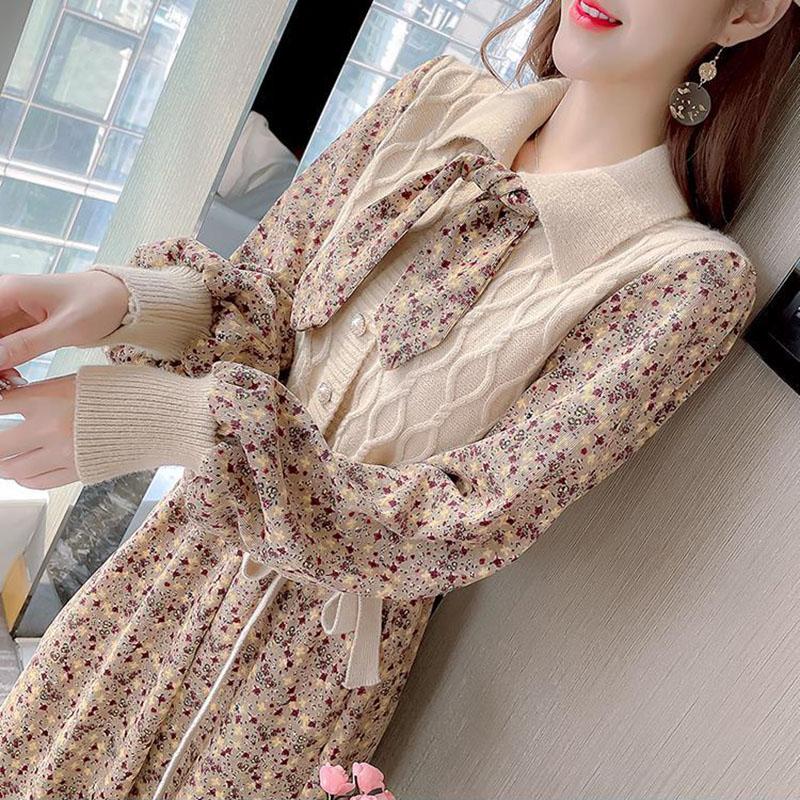 Autumn and Winter Floral Corduroy Dress Stitching Fake Two-piece Woven Waist Tie Bow Coat Sweater Dress