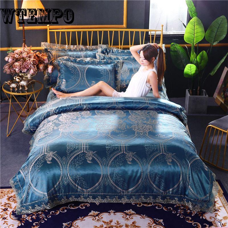 4PC Luxury Silk Cotton Satin Jacquard Bedding Set Duvet Cover Bed Sheet Pillowcases Bedclothe