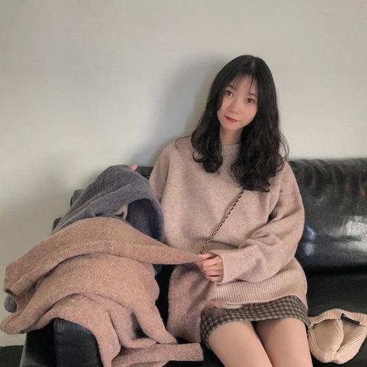 Large Size Sweater Women Korean Version Loose Solid Color Round Neck Pullover Long Sleeve Sweater Top Ins