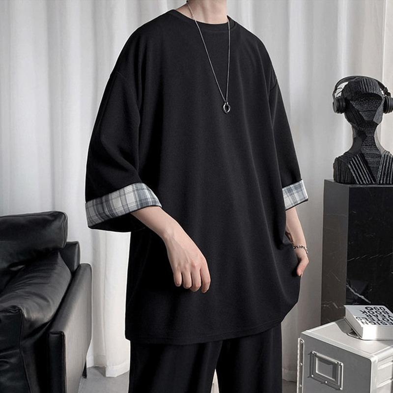 Casual Three-quarter Sleeve Top Spring, Summer and Autumn Trend Plaid All-match Round Neck Half-sleeve T-shirt