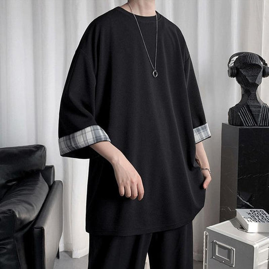 Casual Three-quarter Sleeve Top Spring, Summer and Autumn Trend Plaid All-match Round Neck Half-sleeve T-shirt