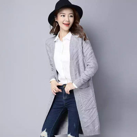 Spring and Autumn Loose Knitted Sweater Cardigan Mid-length Loose Top Pure Color Simple Women's Jacket