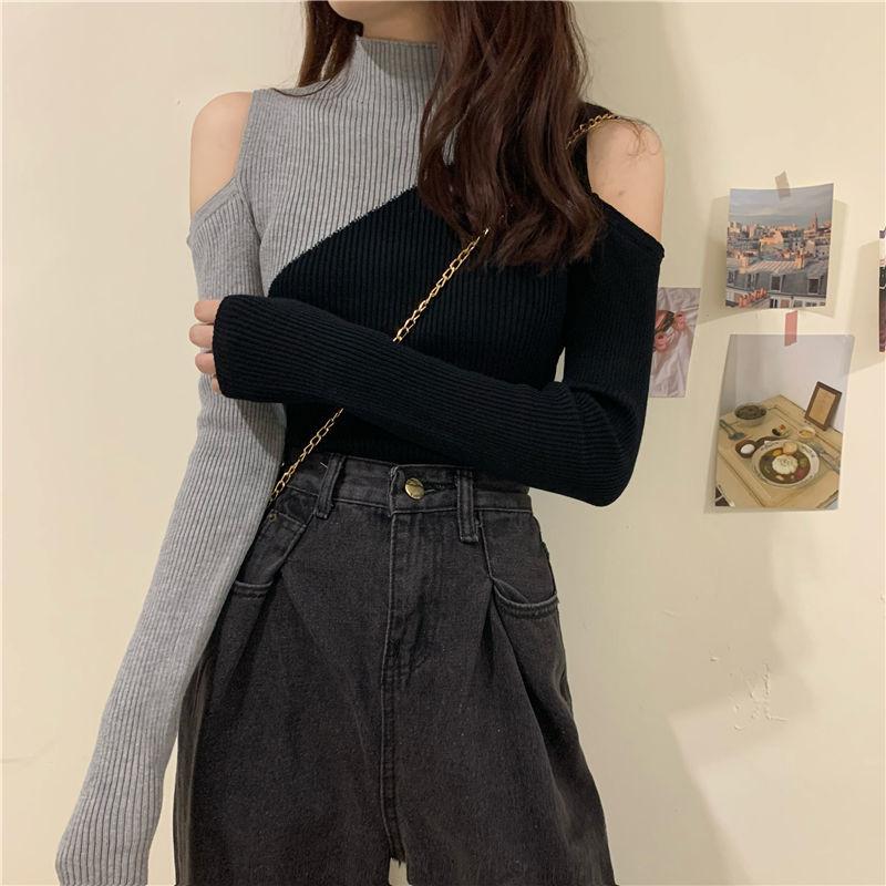 Sweater Women's Half Turtleneck Strapless Sexy Pullover Knitwear Slim Korean Patchwork Top Trendy Sweater Autumn Winter Jumper