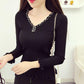 Autumn and Winter V-neck Knitted Bottoming Shirt Sweet Style Wood Ear Tight-fitting Sweater Beaded All-match Female Top