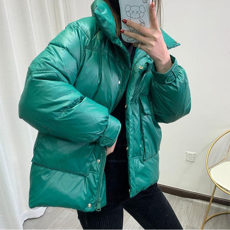 Women's Shiny Short Down Jacket Winter Korean Style Loose Quilted Jacket Casual Stand-collar Padded Jacket