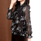 Women's Spring and Autumn Chiffon Long Sleeve Top Tie Bow Print Shirt
