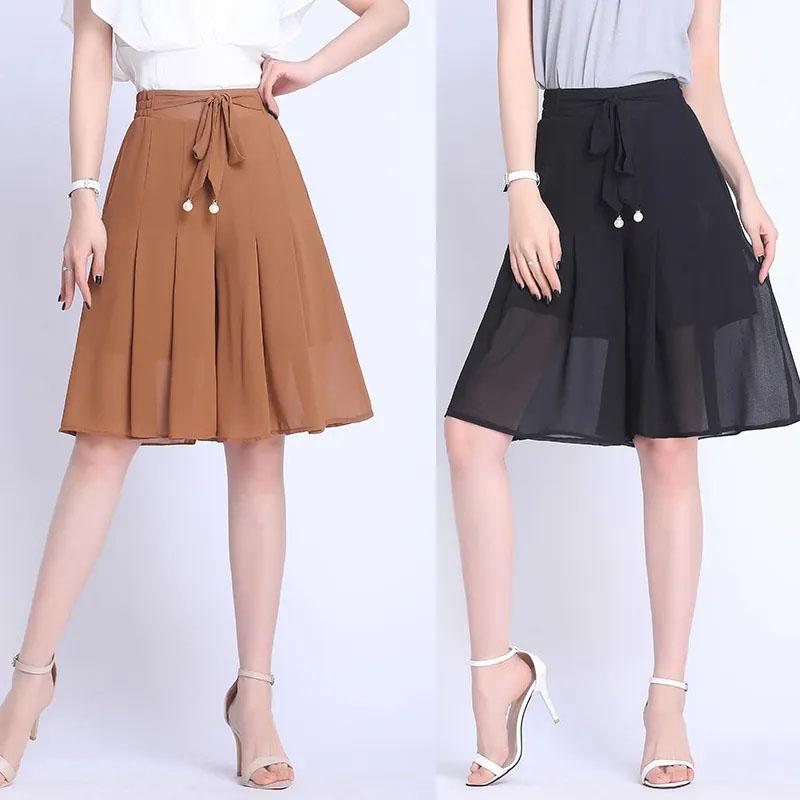 Summer Thin Chiffon Culottes Five-point Half Skirt Women's Slim Large Size High Waist Solid Color Mesh Office Short Skirt Pants