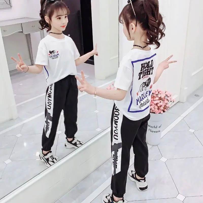 Cartoon Letter Printing Children's Suit Girls Summer Short-sleeved Trousers Sports Leisure Loose and Comfortable Breathable Children's Two-piece Set