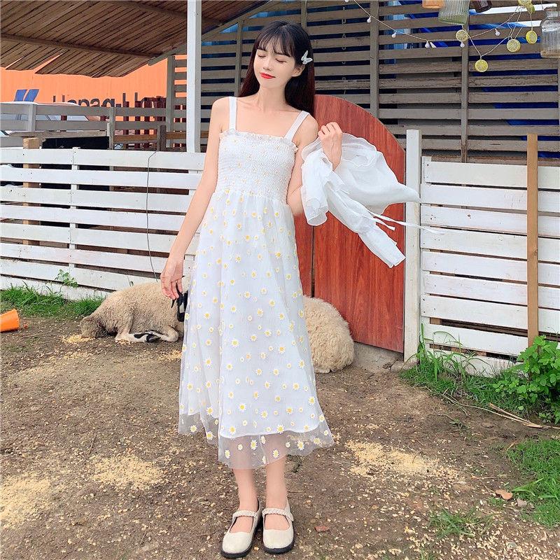 Mesh High Waist Small Daisy Suspender Skirt Small Fresh Dress Literary Retro Sweet First Love Dress Sleeveless Fairy Dress