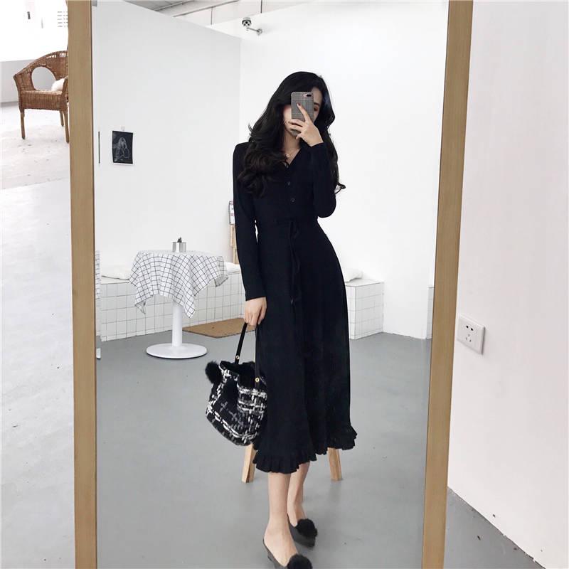 Autumn skirt new female was thin V-neck slim long-sleeved waist bandage first love skirt retro dress