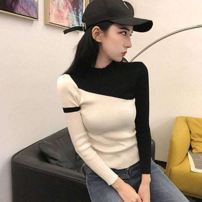Color Matching Knitted Bottoming Shirt Slim Long-sleeved Sweater Women's Tight Tops