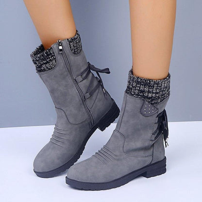 Women's Winter Warm Calf Boots Casual Snow Boots Leather and Sweater Bandage Boots Cowgirl Boots