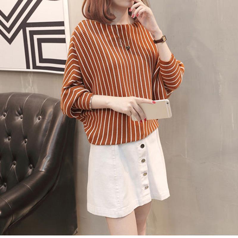 Vertical Stripes Bat Sleeve Loose Sweater One-neck Knitted Bottoming Shirt Spring and Autumn All-match Fashion Top Women