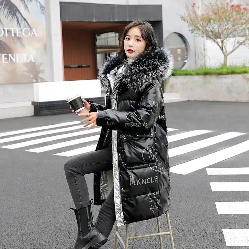 Winter Women's Bright Face Wash-free Down Padded Jacket Korean Style Loose and Thick Mid-length Large Fur Collar Padded Jacket Tide