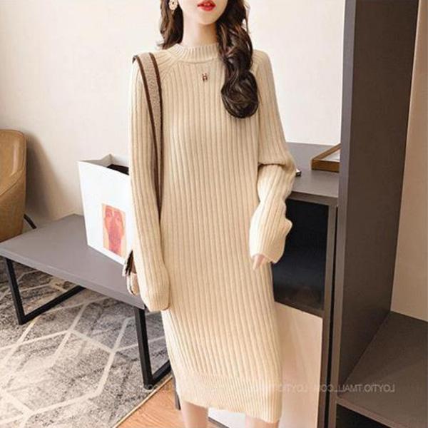 Autumn and Winter Round Neck Loose Dress All-match Knee-thick Knit Bottoming Skirt Solid Color Long Warm Sweater