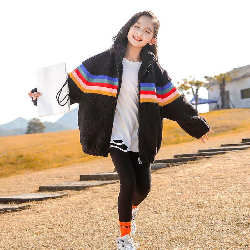 Girls' Jackets Autumn and Winter Clothes Lamb Wool Plus Velvet Thick Warm and Windproof Jacket