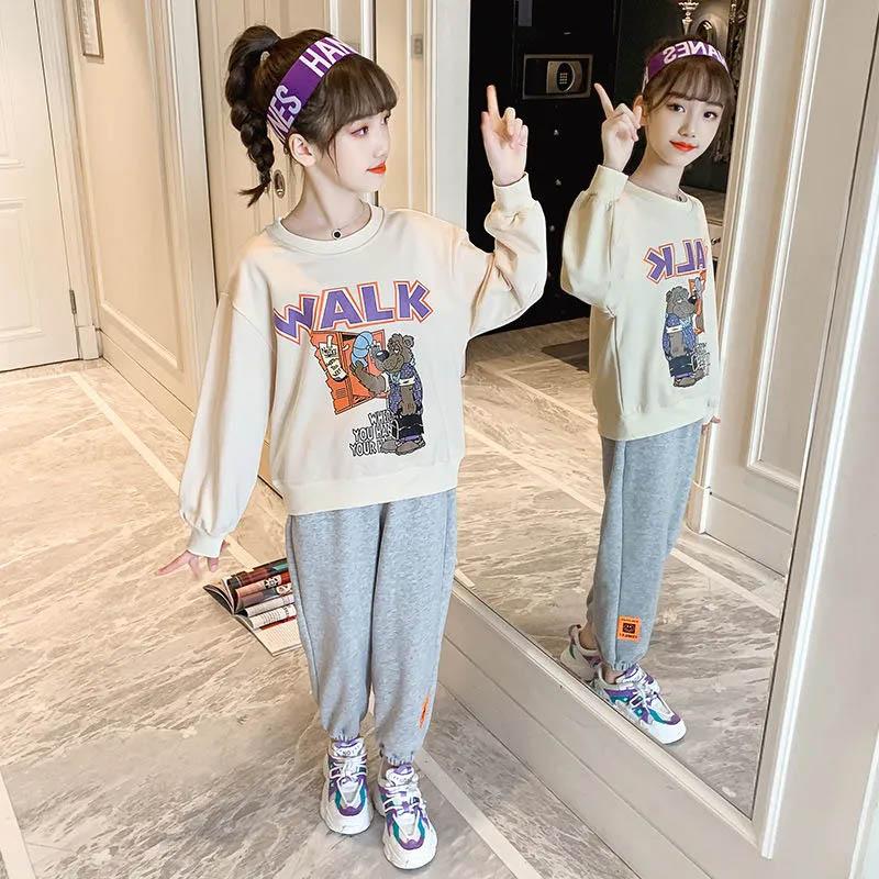 Girls Spring and Autumn Loose Leisure and Comfortable Pullover Round Neck Sweater + Sports Pants Set Children's Sports and Leisure Two-piece Set