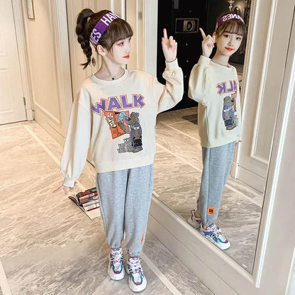 Girls Spring and Autumn Loose Leisure and Comfortable Pullover Round Neck Sweater + Sports Pants Set Children's Sports and Leisure Two-piece Set