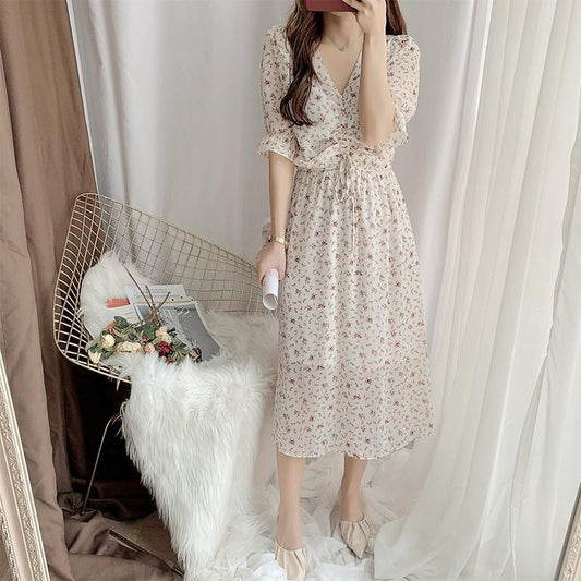 Female Elegant Floral Print Holiday Dress Summer High Waist Slim Graceful Vintage Chiffon Party Dress