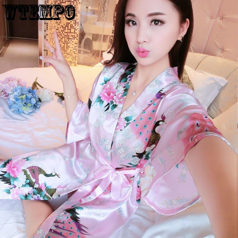 Women Sexy Silk Satin Knee Length Robe Bathrobe Peacock Floral Print Kimono Pajamas Cardigan