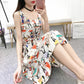 Mid-length Print  Women A-line Dress Summer Sleeveless Round Neck Elastic Waist Floral Large Size Skirt