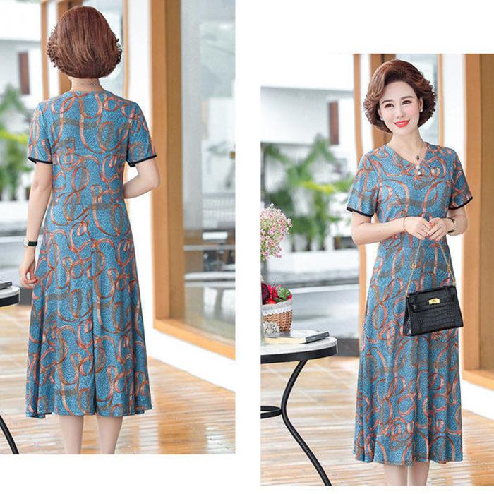 XL-XXXXXL Plus Size Summer Mid-length Printed Floral Ruffle Have Pockets Over-the-knee Dress V-Neck Short Sleeve A-line Skirt