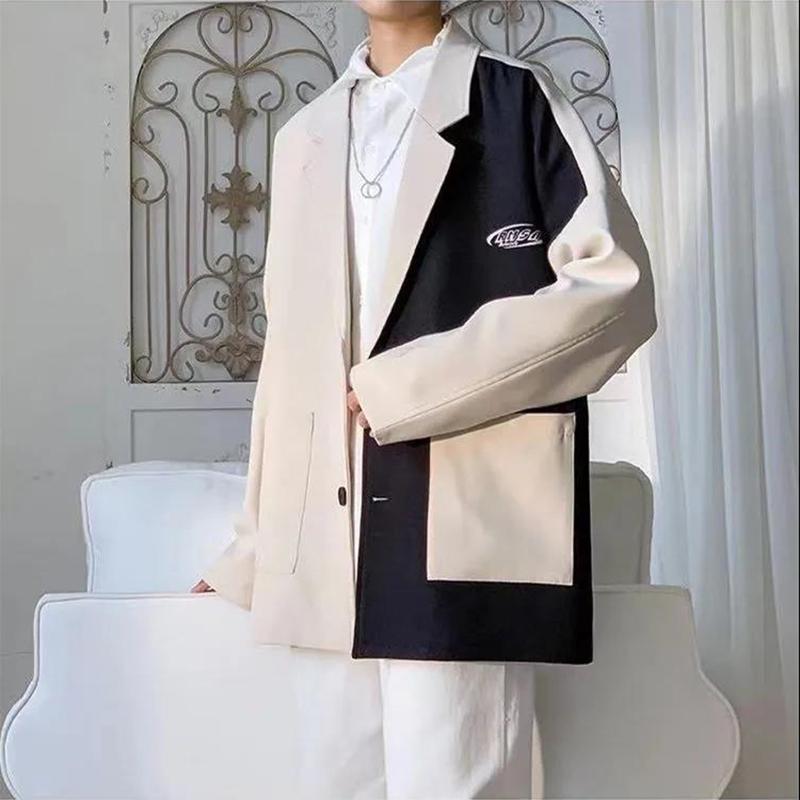 High-quality Contrast Color Stitching British Style Suit Men's Autumn Casual Loose Suit Jacket Long-sleeved Warm Mid-length Windbreaker