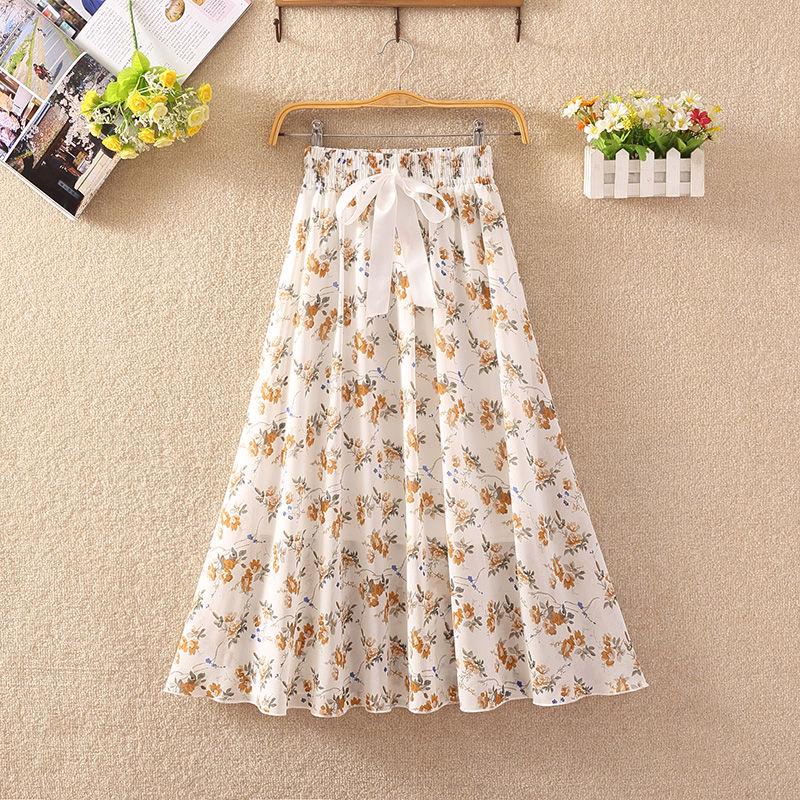 Summer High Waist Chiffon Women Midi Skirts Casual Floral Print Female Skirt Maxi Beach Skirt