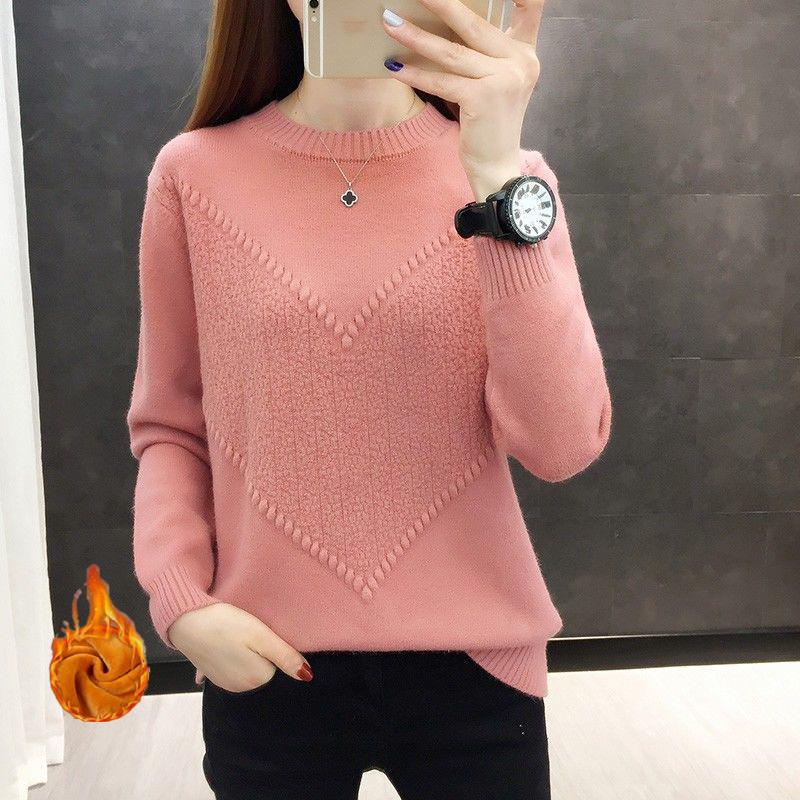 Autumn and Winter Korean Style Loose and Thin Bottoming Shirt Plus Velvet Thick Round Neck Pullover Sweater Long Sleeve Solid Color Sweater