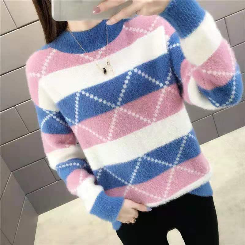 Non-shedding Semi-turtleneck Sweater To Keep Warm and Color Matching Mink Fleece Long-sleeved Knitted Bottoming Shirt