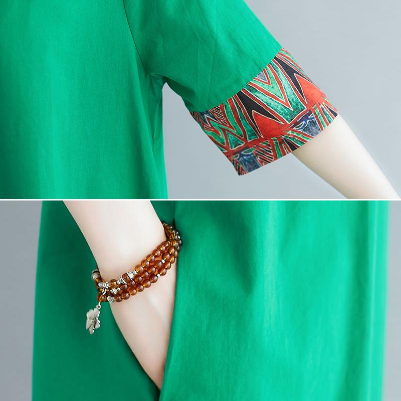 Retro Hit Color Stitching Print Short-sleeved Dress Large Size Loose Age-reducing Mid-length Skirt Female Round Neck Large Size Dress