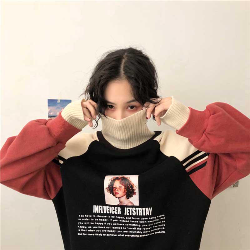 Women Turtleneck Thicker Plus Velvet Warm Harajuku Printed Pullovers Patchwork Chic Sweatshirts