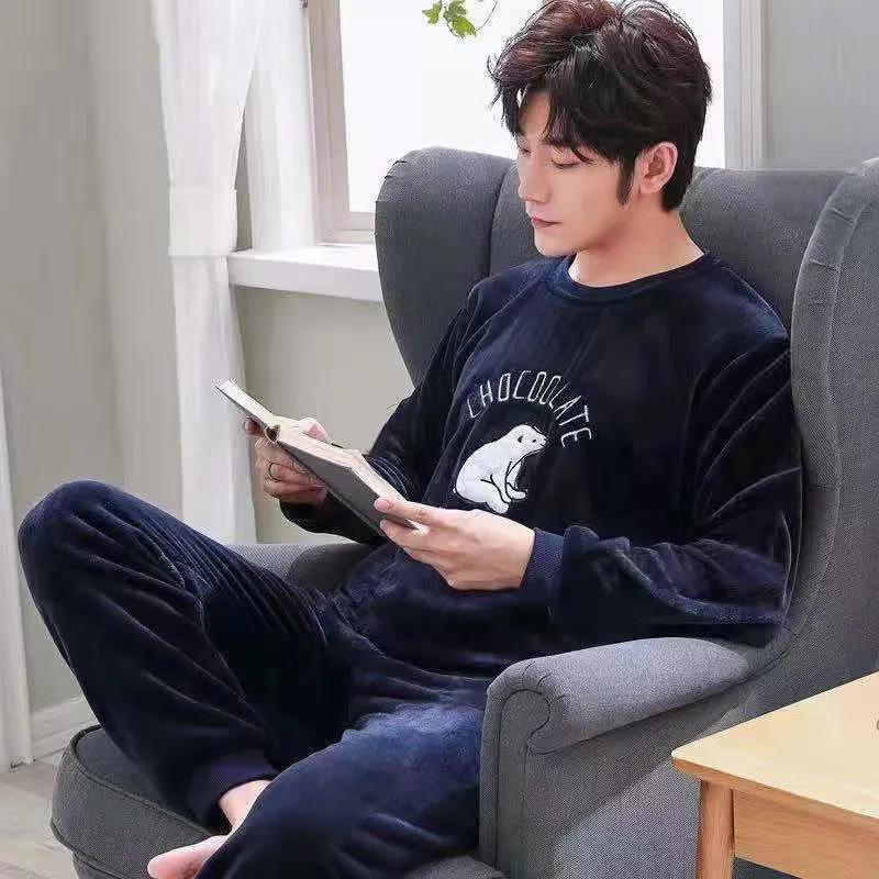 Cartoon Bear Couple Pajamas Suit Men Home Clothes Tops and Pants Ladies Winter Cashmere Warm Homewear