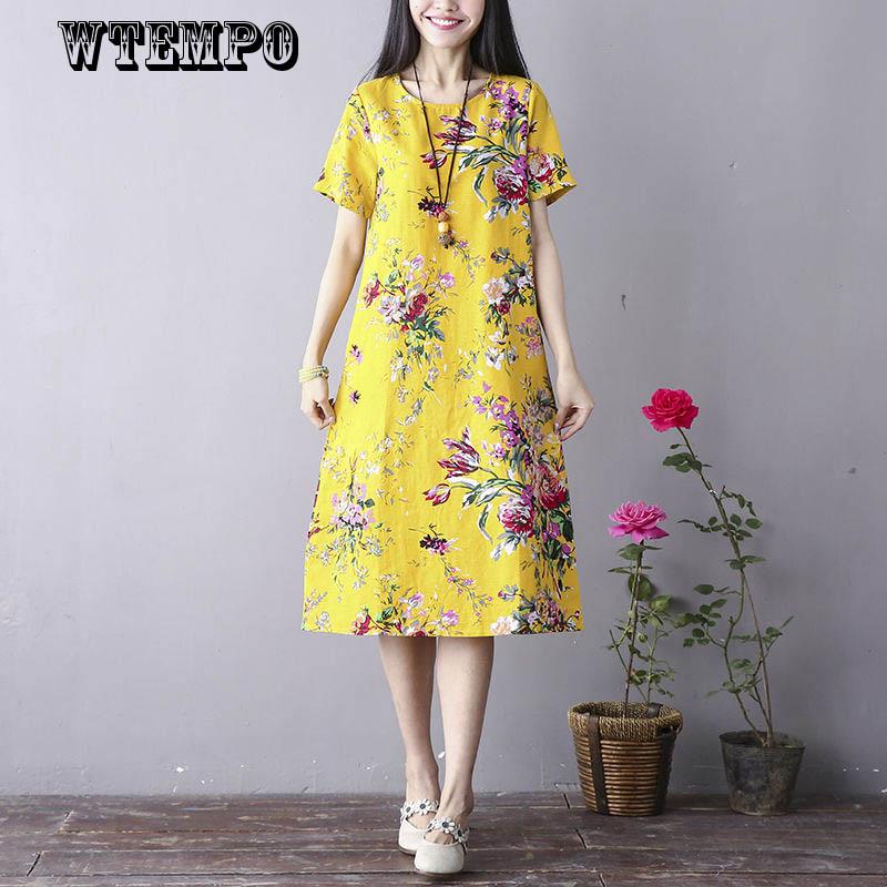 WTEMPO Medium Long Ice Silk Dress Female Summer Loose Large Size Retro Linen Floral Skirt