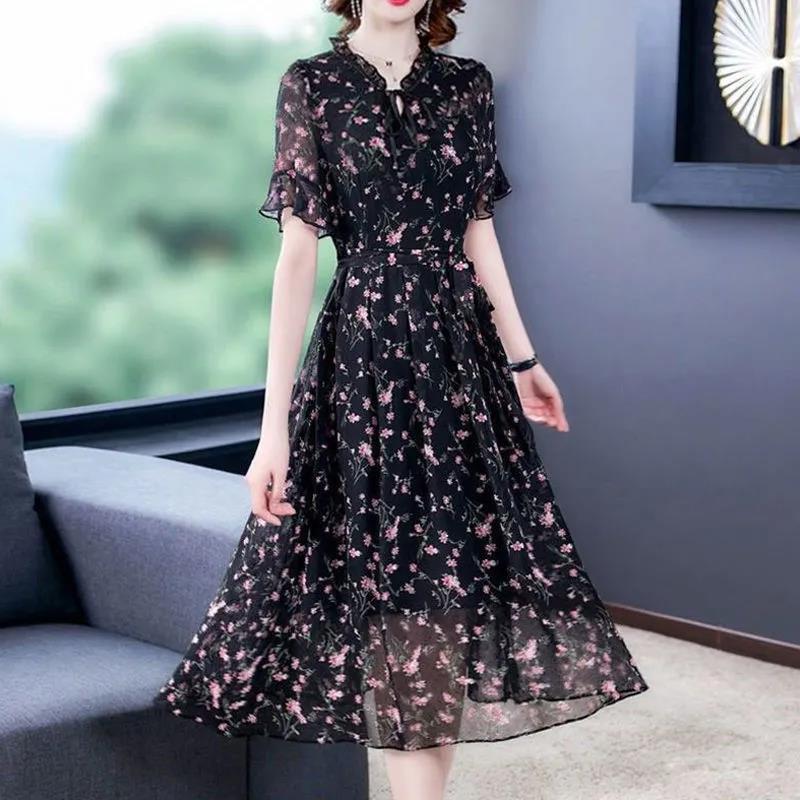 Women's Spring Summer Floral Dress Chiffon Veil Printing Full Length Daily Wear L-XXXXXL Large Size